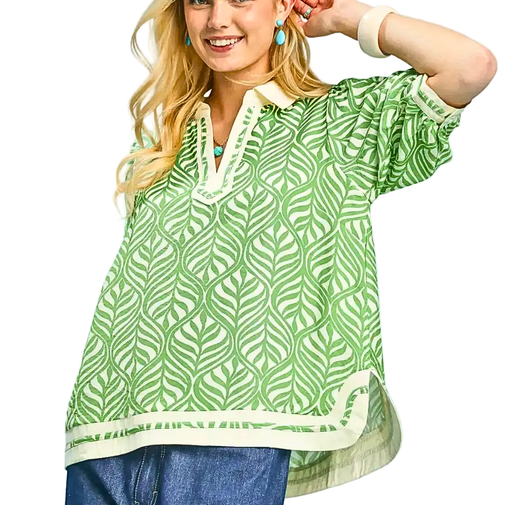 Umgee Blouse V-Neck Floral Leaf Green Print White Contrast Trim Casual Loose Top
