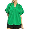 Umgee Blouse V-Neck Lace Cutout Trim Green Ruffle Balloon Short Sleeve Tunic Top