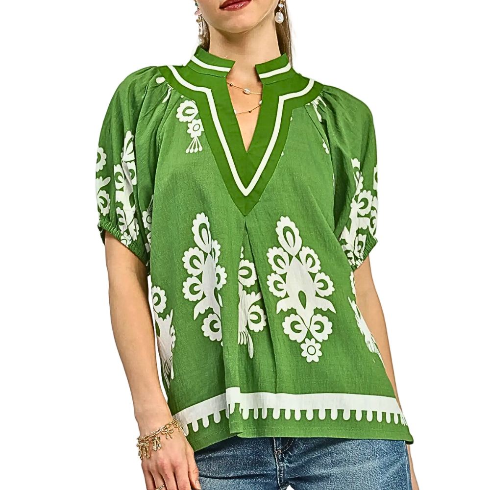 Umgee Blouse V-Neck Paisley Green Print Split-Neck Short Sleeve Ruffle Boho Top