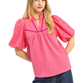 Umgee Blouse V-Neck Trim Ruffle Pink Floral Eyelet Embroidery Cotton Short Sleeve