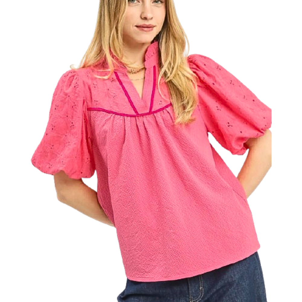 Umgee Blouse V-Neck Trim Ruffle Pink Floral Eyelet Embroidery Cotton Short Sleeve