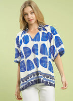 Umgee Blouse Womens Blue Shell Block Border Print Puff Short Sleeve Top CERULEAN MIX Umgee_Blouse_Womens_Blue_Shell_Block_Border_Print_Puff_Short_Sleeve_Top Trendsi