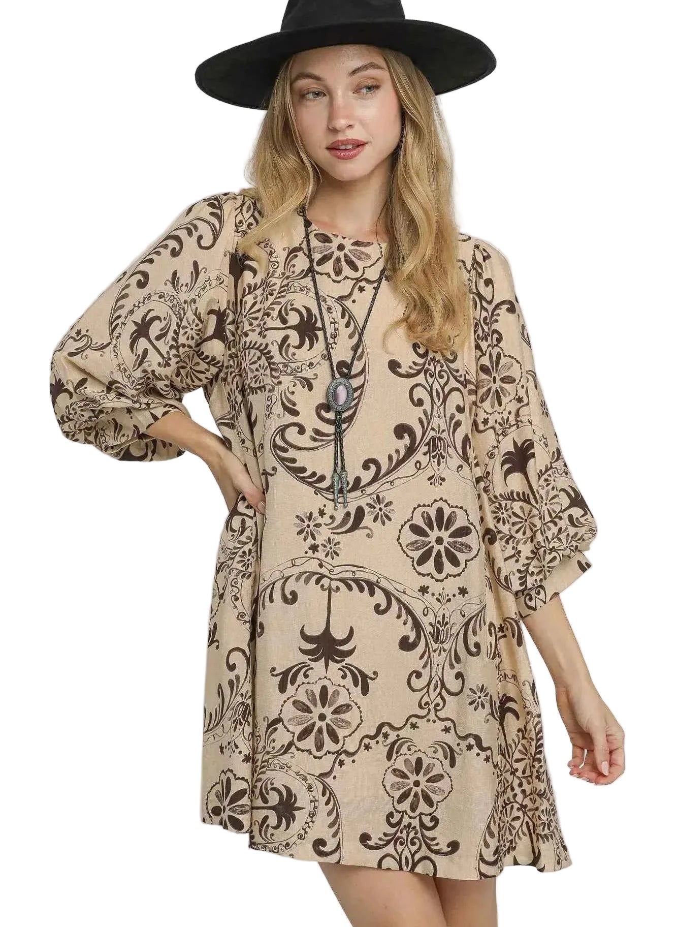 Umgee Boho Printed Mini Dress Women Balloon Sleeve Loose Fit Casual Dress - STYLEINGER