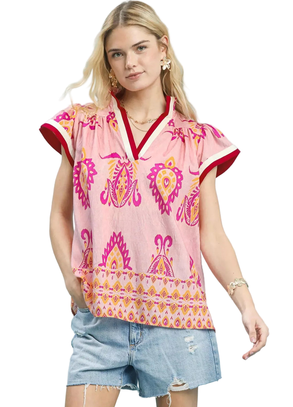 Umgee Border Print Split Neck Boho Top Women’s Floral Casual Tunic Blouse