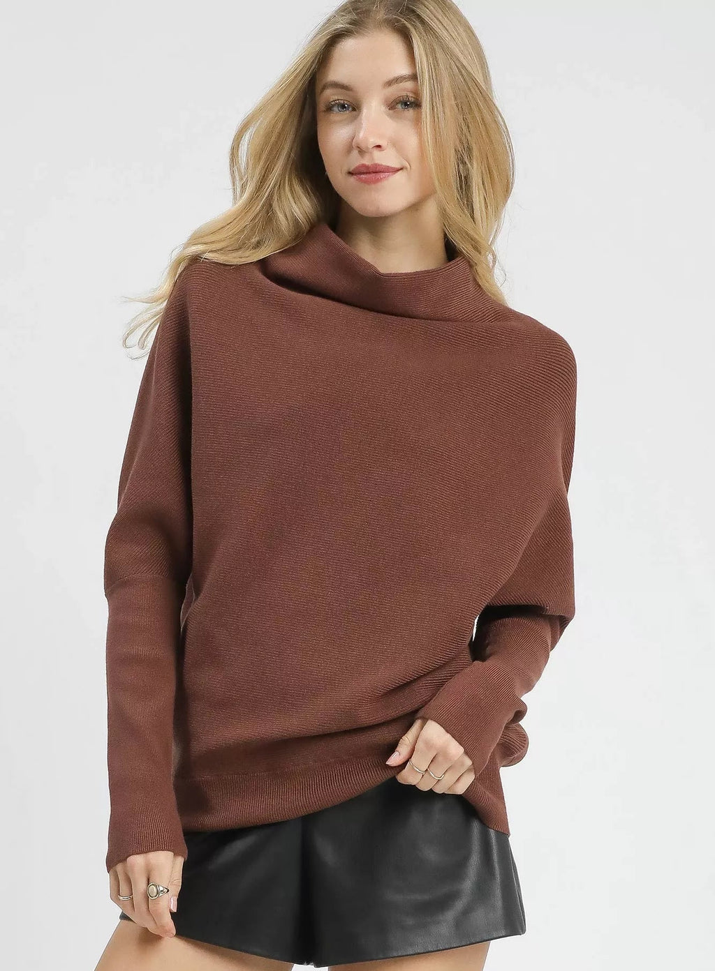 Umgee Brown Knit Top Draped Turtleneck Long Sleeve Loose Solid Pullover Brown Umgee_Brown_Knit_Top_Draped_Turtleneck_Long_Sleeve_Loose_Solid_Pullover Trendsi