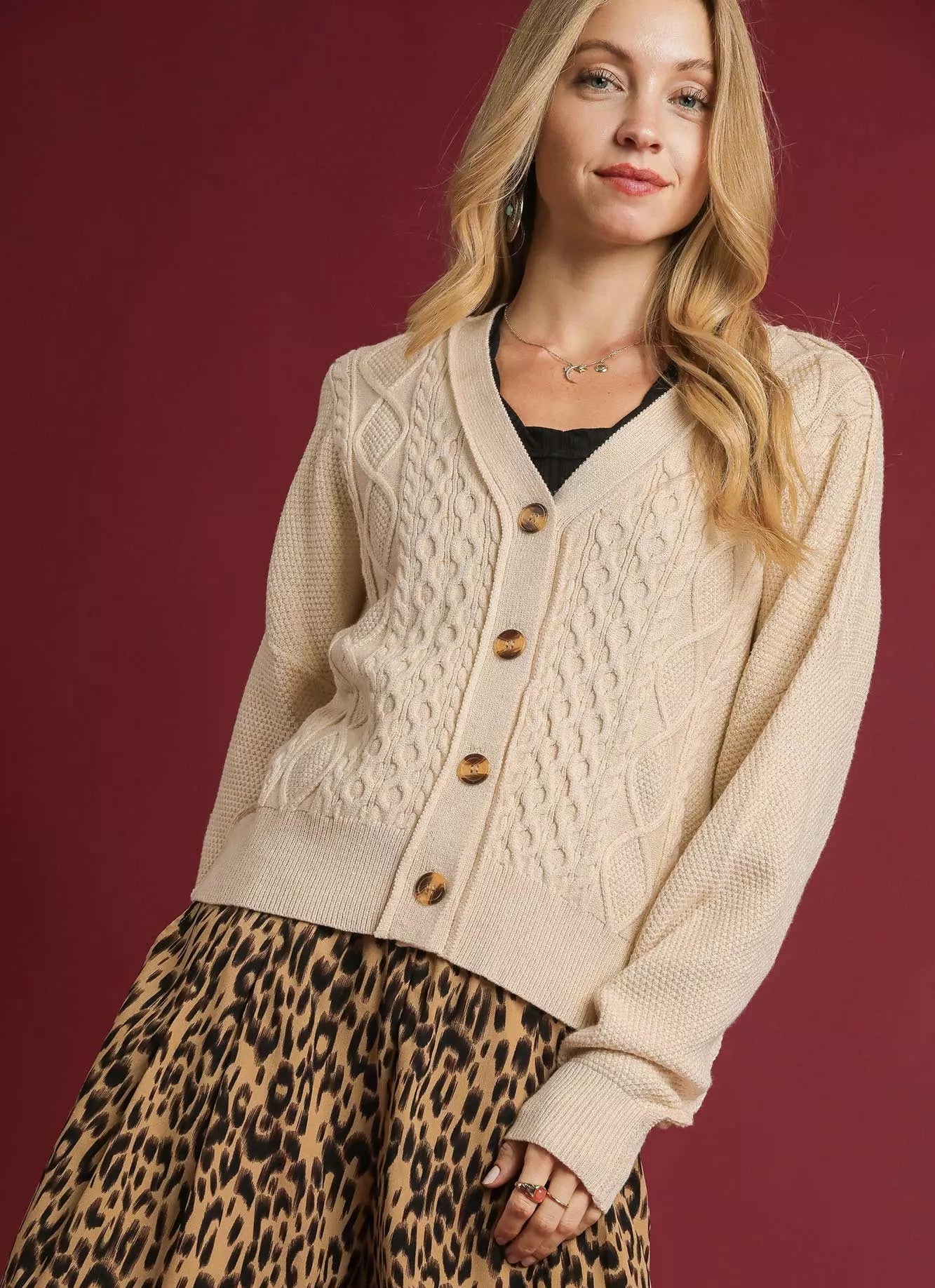 Umgee Button-Up Cardigan Ecru Chunky Cable Knit V-Neck Sweater ECRU Umgee_Button-Up_Cardigan_Ecru_Chunky_Cable_Knit_V-Neck_Sweater Trendsi