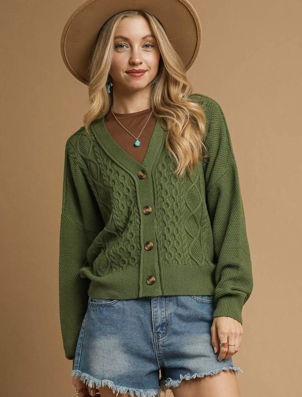 Umgee Button-Up Cardigan Olive Green Chunky Cable Knit V-Neck Sweater Olive Umgee_Button-Up_Cardigan_Olive_Green_Chunky_Cable_Knit_V-Neck_Sweater Trendsi