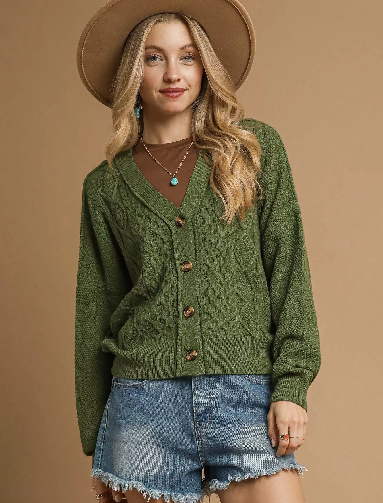 Umgee Button-Up Cardigan Olive Green Chunky Cable Knit V-Neck Sweater Olive