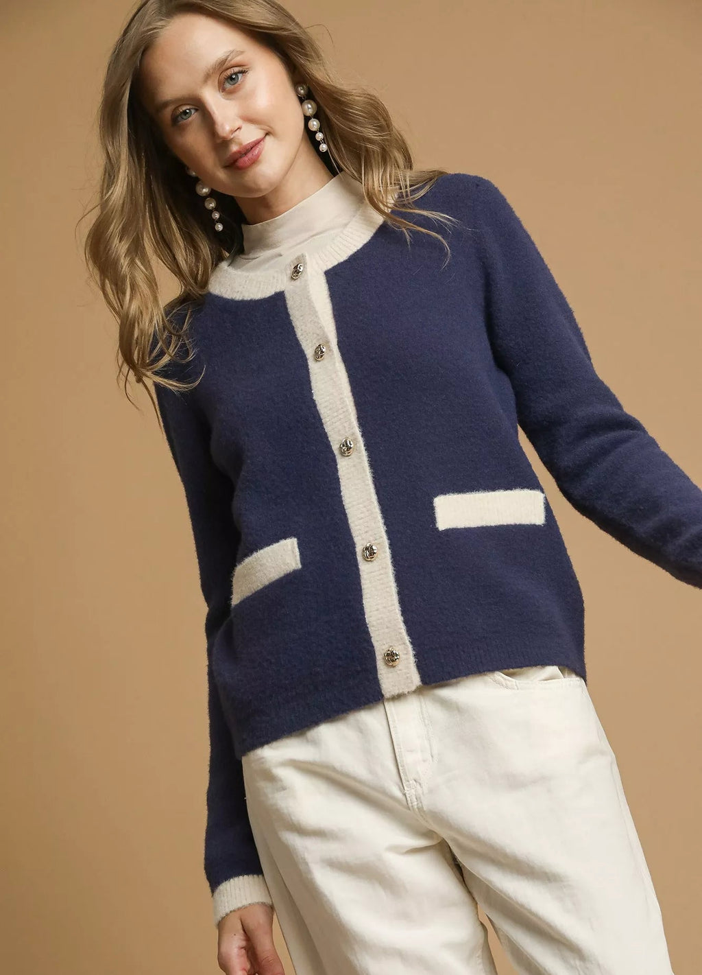Umgee Cardigan Navy Two-Tone Button Front Long Sleeve NAVY Umgee_Cardigan_Navy_Two-Tone_Button_Front_Long_Sleeve Trendsi