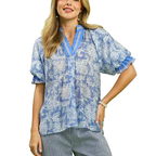 Umgee Casual Blouse Blue Floral V-Neck Stripe Trim Ruffle Puff Short Sleeve Top