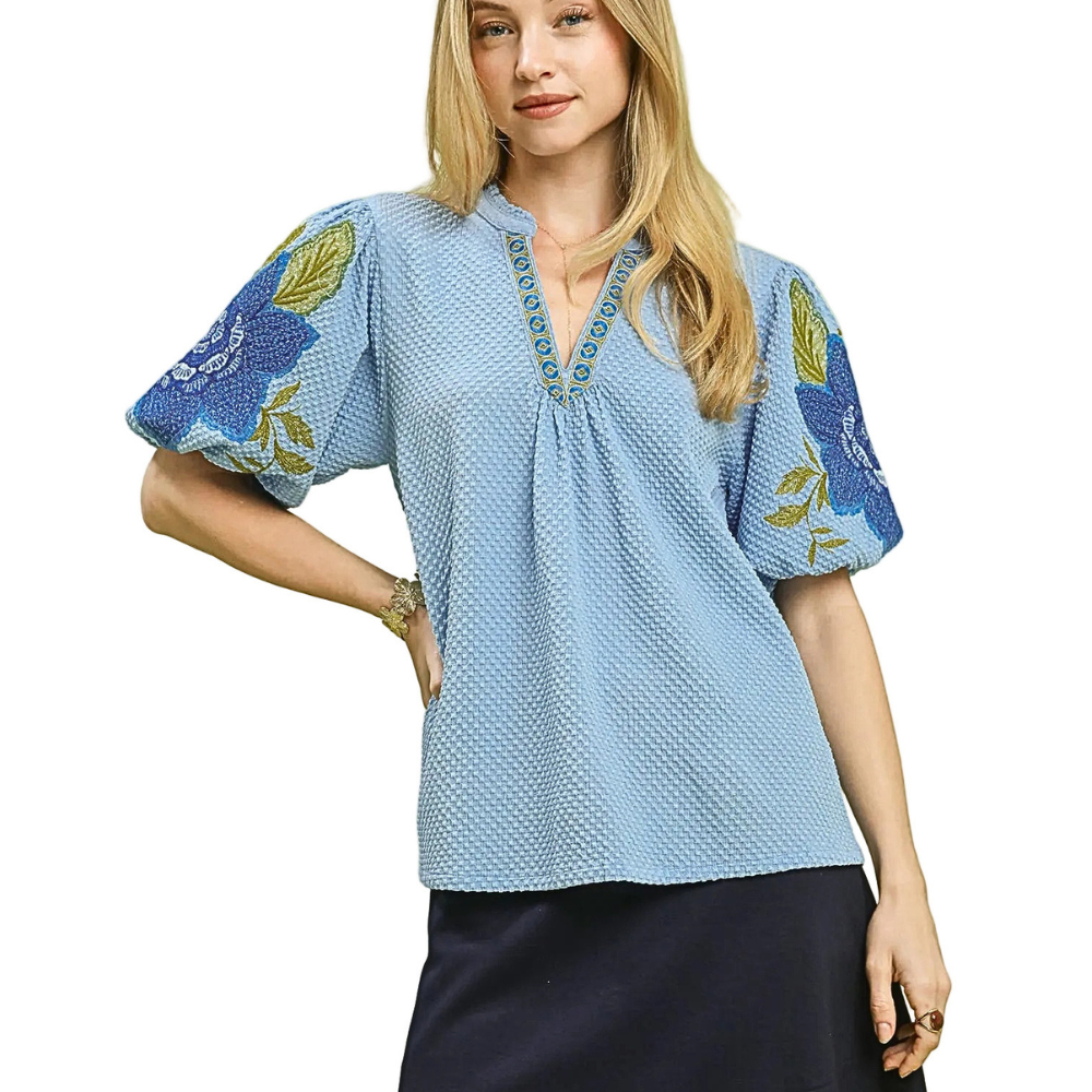 Umgee Casual Blouse Blue Textured Floral Embroidered Sleeve V-neck Trim Top