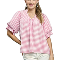 Umgee Casual Blouse Checkered Gingham Pink V-Neck Ruffle Short Sleeves Top