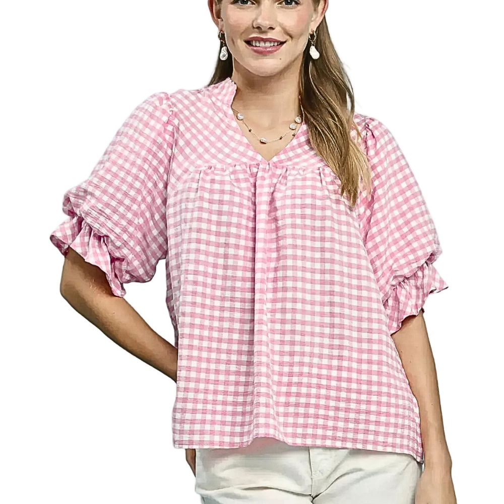Umgee Casual Blouse Checkered Gingham Pink V-Neck Ruffle Short Sleeves Top