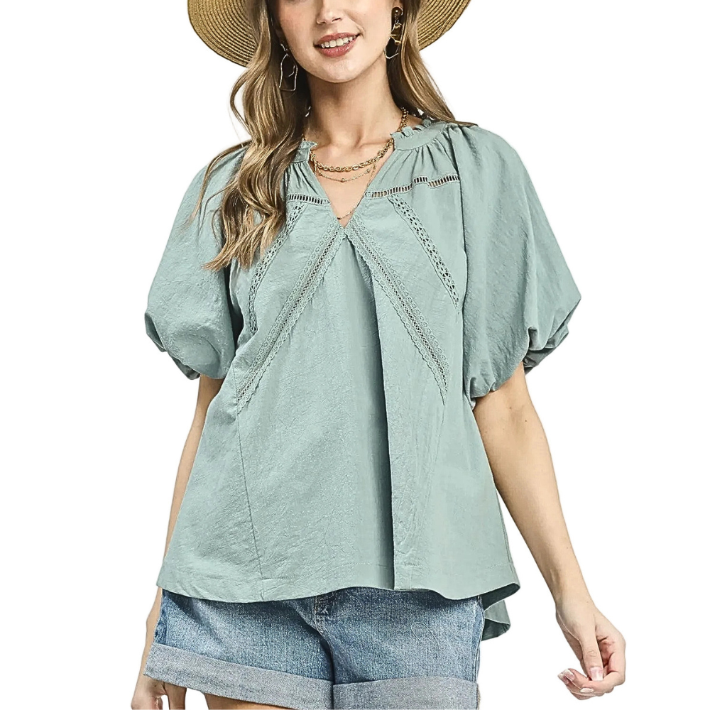 Umgee Casual Blouse Cotton Lace Trim V-Neck Ruffle Short Sleeve Mint Blue Top