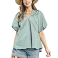 Umgee Casual Blouse Cotton Lace Trim V-Neck Ruffle Short Sleeve Mint Blue Top