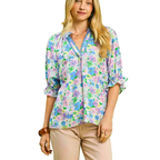 Umgee Casual Blouse Floral Blue V-Neck Ruffle Short Puff Sleeve Boho Top