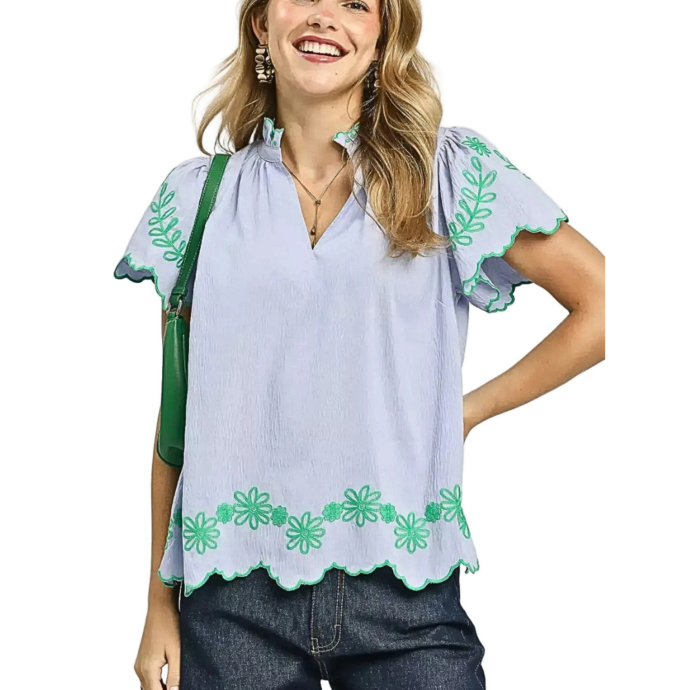 Umgee Casual Blouse Floral Embroidered V-Neck Scallop Edges Short Sleeve Top