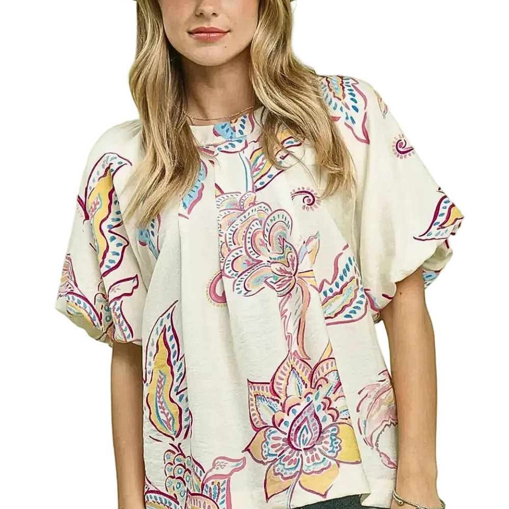 Umgee Casual Blouse Floral Paisley Print Pleated Round Neck Puff Sleeve Top