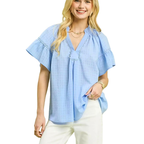 Umgee Casual Blouse Gingham Plaid Ice Blue V-Neck Lace Trim Short Sleeve Top