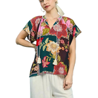 Umgee Casual Blouse Mix Floral Patchwork Print Tassel Tie Lace Trim Neck Top