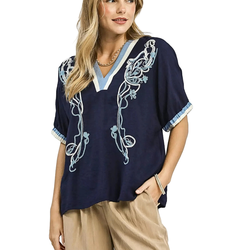 Umgee Casual Blouse Navy Floral Embroidered V-Neck Stripe Trim Summer Top