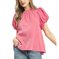 Umgee Casual Blouse Pink Textured Cotton Gauze Ruffle Mock Neck Top
