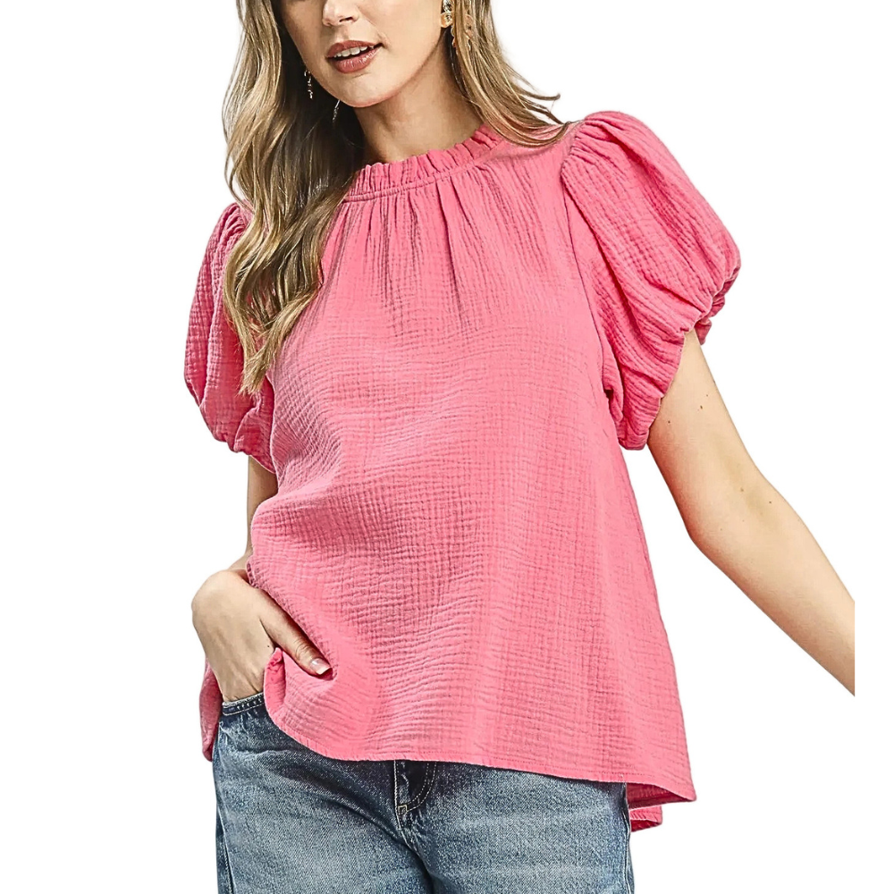 Umgee Casual Blouse Pink Textured Cotton Gauze Ruffle Mock Neck Top