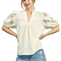 Umgee Casual Blouse Textured Floral Lace Mesh Sleeve V-Neck Cream Top