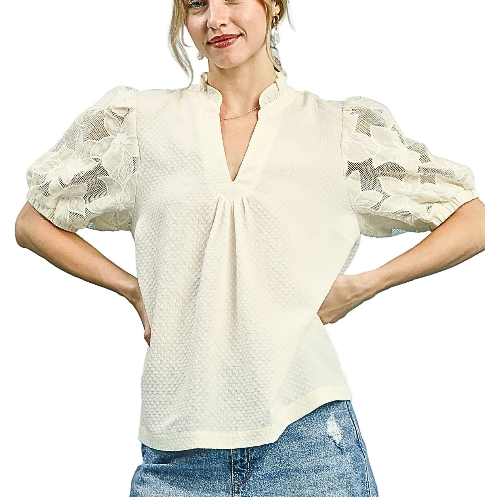 Umgee Casual Blouse Textured Floral Lace Mesh Sleeve V-Neck Cream Top