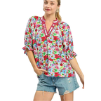 Umgee Casual Blouse V-Neck Floral Red Mix Trim Short Puff Sleeve Top