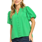Umgee Casual Button-Down Shirt Green V-Neck Balloon Short Sleeve Top