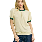 Umgee Casual Knit Top Round Neck Contrast Stripe Trim Ecru Puff Short Sleeve