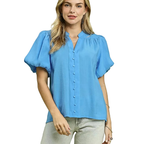 Umgee Casual Shirt Blouse Blue Button-Down V-Neck Button Short Sleeve Top