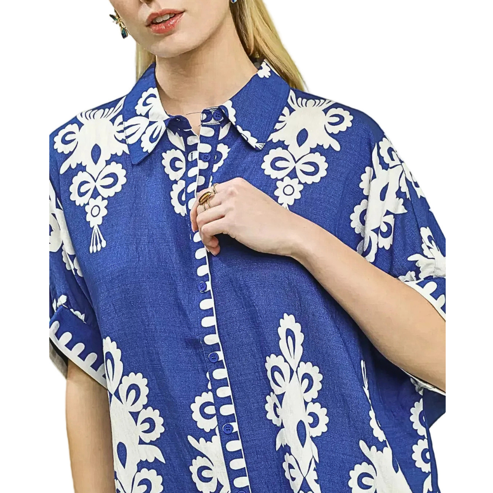 Umgee Casual Shirt Blouse Blue Floral Paisley Button-up Short Sleeve Top