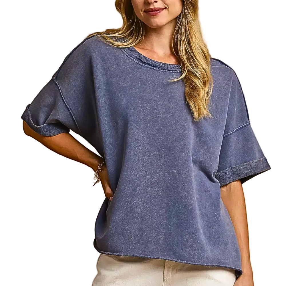 Umgee Casual T-shirt Denim Blue Mineral Wash Round Neck Short Sleeve Loose Top