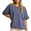 Umgee Casual T-shirt Denim Blue Mineral Wash Round Neck Short Sleeve Loose Top