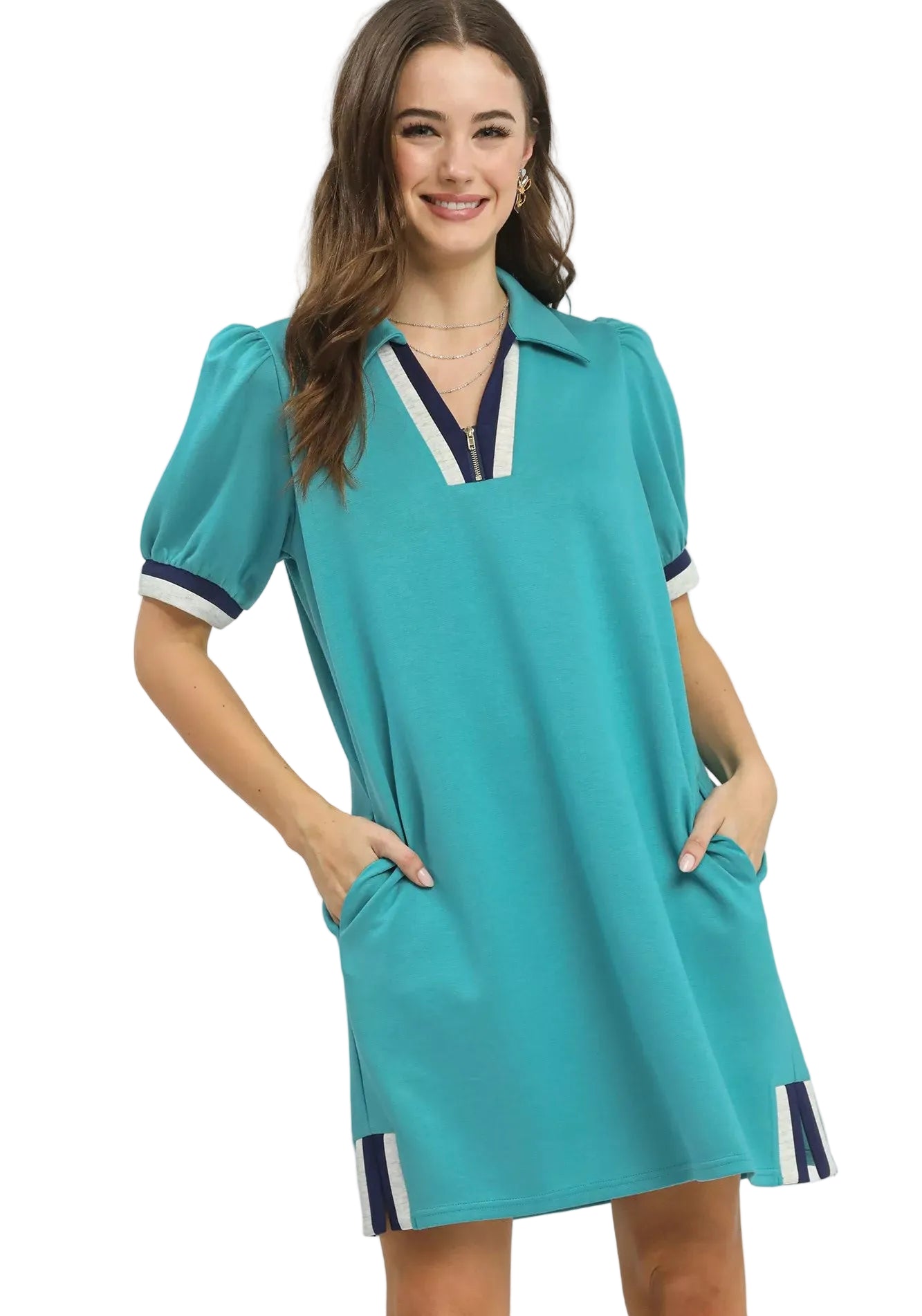 Umgee Color Block Zip Front Shift Dress with Pockets Casual Women’s Outfit