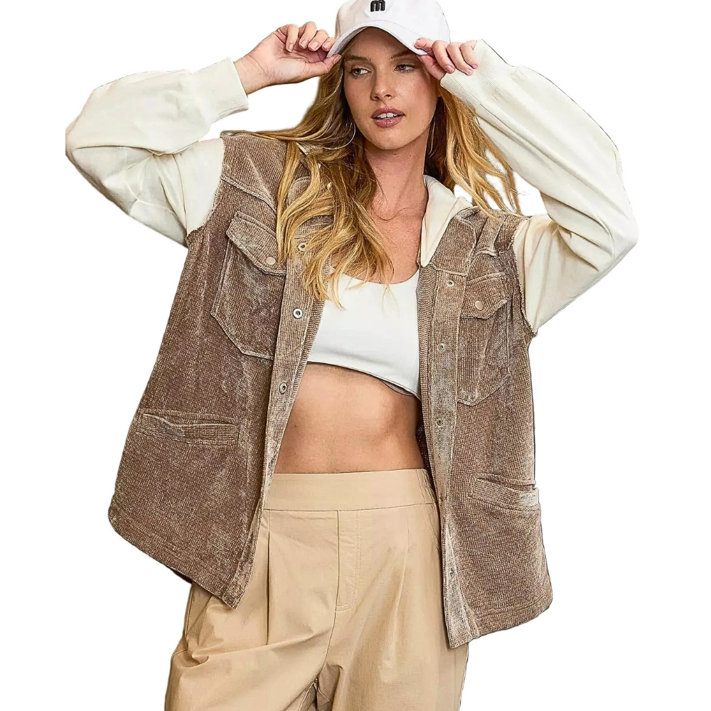 Umgee Corduroy Hooded Jacket Oversized Brown Colorblock Long Sleeve