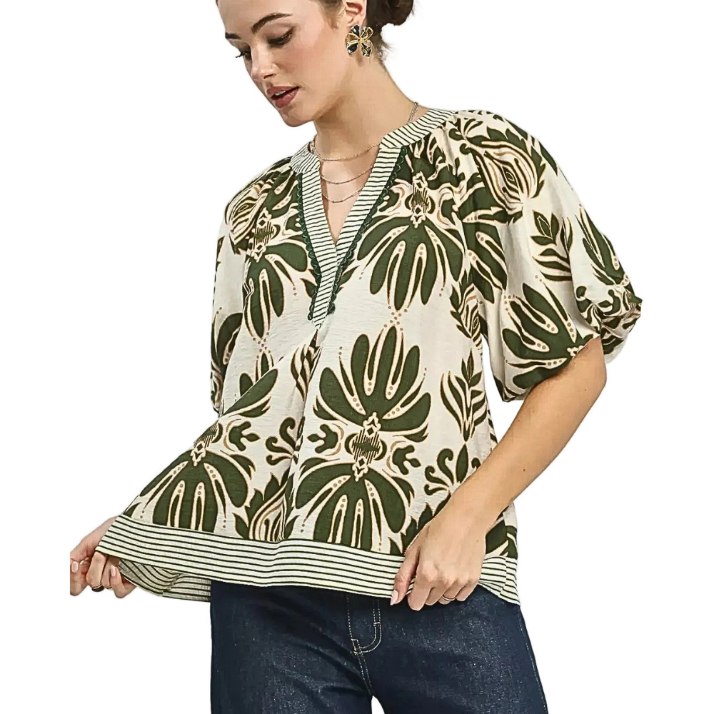 Umgee Cotton Blouse Floral Green Mix V-Neck Stripe Trim Puff Sleeve Casual Top