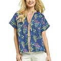 Umgee Cotton Floral Shirt Blouse V-Neck Button Contrast Trim Casual Blue Top
