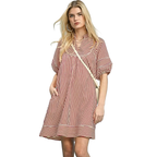 Umgee Cotton Shift Mini Dress Red Striped Balloon Short Sleeve Casual Pocketed