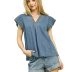 Umgee Jeansbluse Leger Baumwolle V-Ausschnitt Rüschen Kappärmel Hellblaues Oberteil