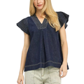 Umgee Denim Blouse Casual V-Neck Stitch Trim Cap Ruffle Short Sleeve Top