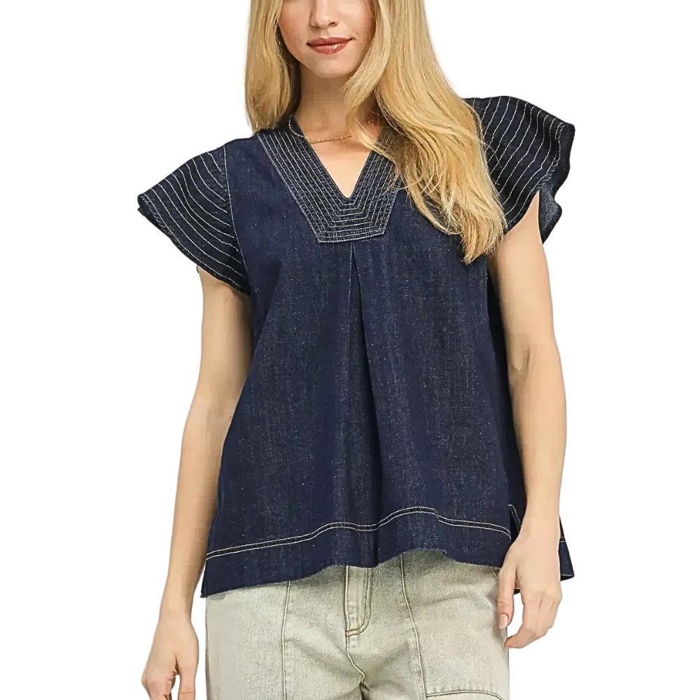Umgee Denim Blouse Casual V-Neck Stitch Trim Cap Ruffle Short Sleeve Top