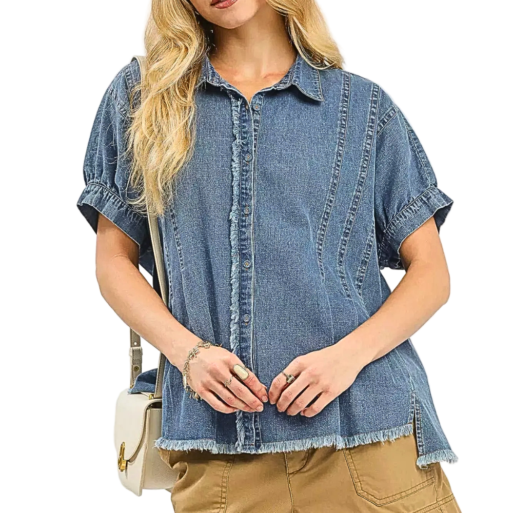 Umgee_Denim_Oversized_Shirt_Button-up_Short_Sleeve_Washed_Light_Blue_Raw_Edge_Top