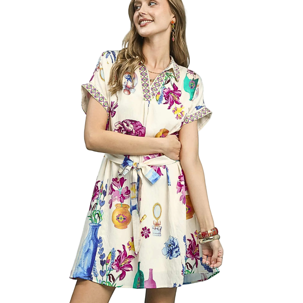 Umgee Ecru Floral Mini Dress Belted Ruffle V-Neck Collar Short Sleeve Casual