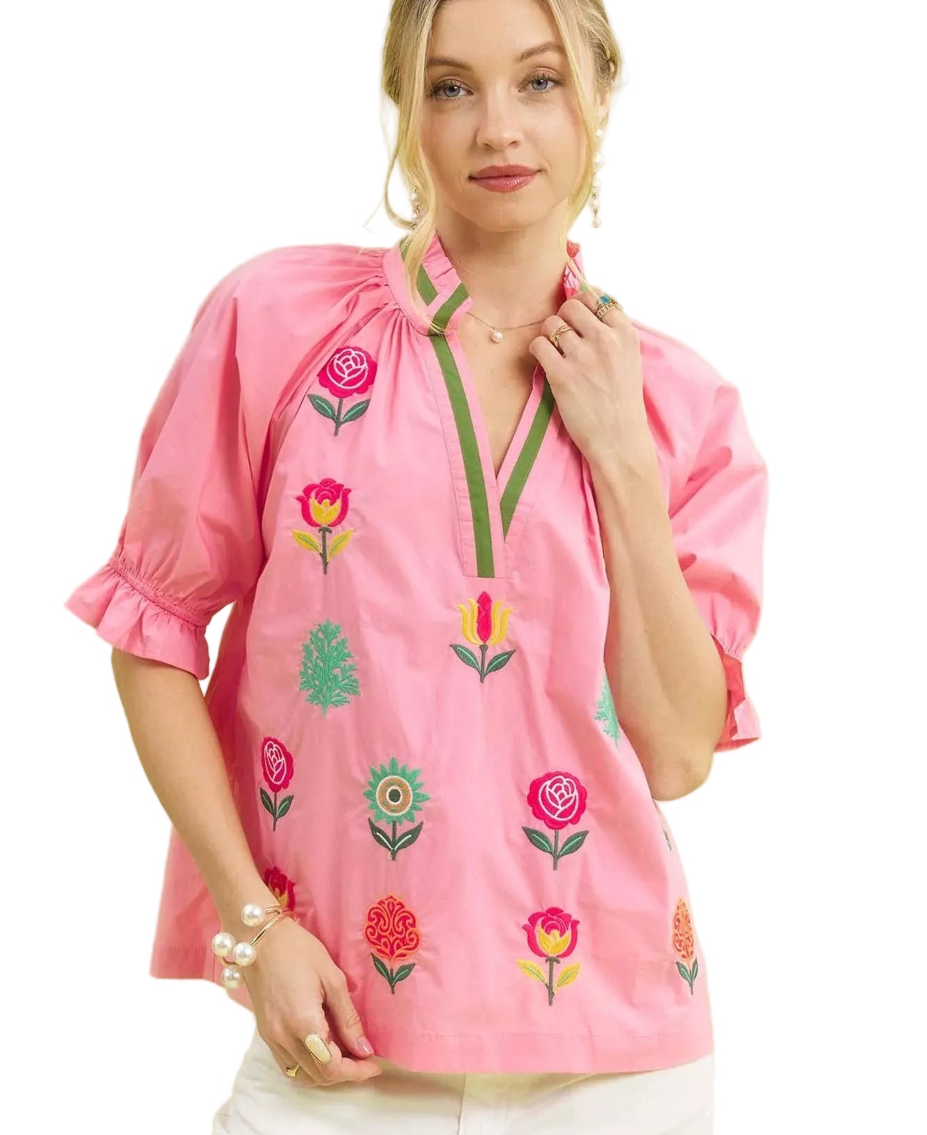 Umgee Embroidered Blouse Floral Rose Pink Women’s Top with Contrast Trim - Styleinger