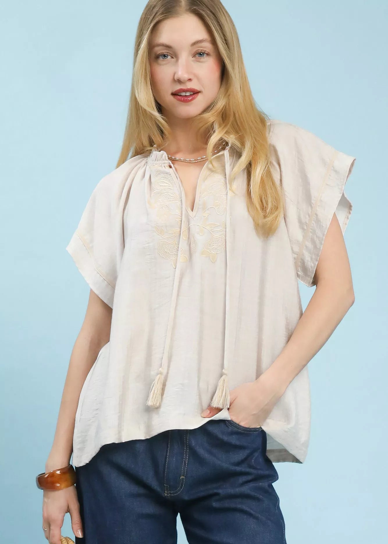 Umgee Embroidered Boho Blouse with Tassel Tie