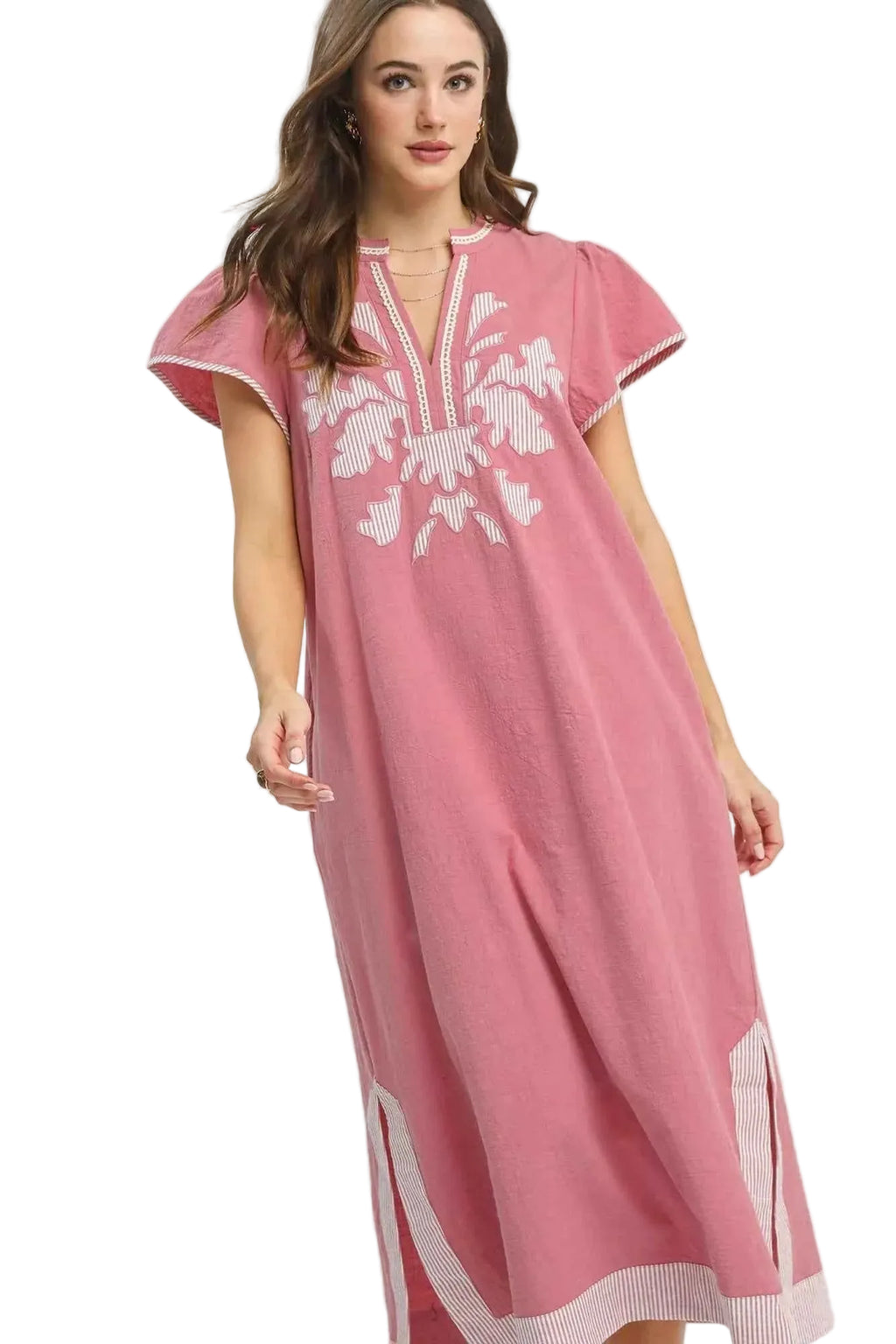 Umgee Embroidered Floral Short Sleeve Midi Dress with Contrast Trim