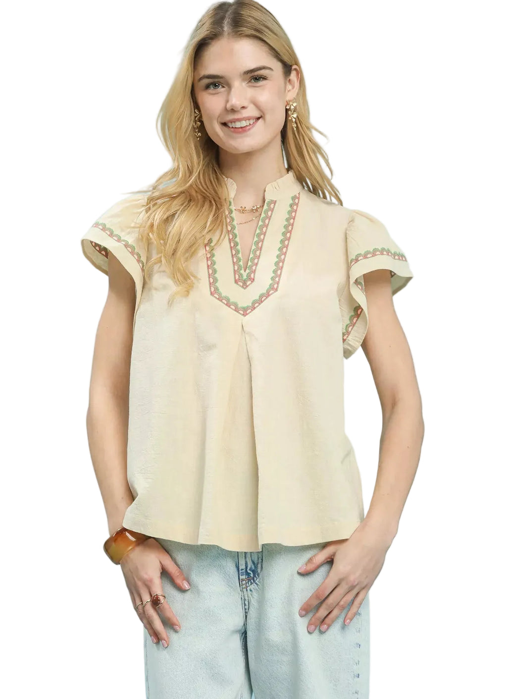 Umgee Embroidered Flutter Sleeve Blouse – Women’s Boho Casual Top
